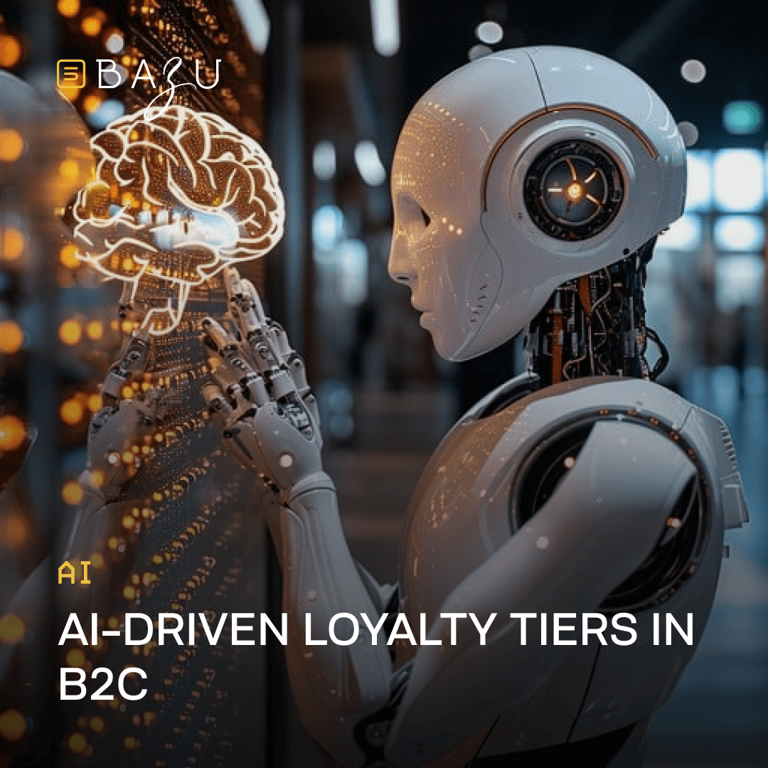 A futuristic robot with glowing hands holding a holographic brain, representing BAZU's AI-driven loyalty tiers in B2C business solutions.