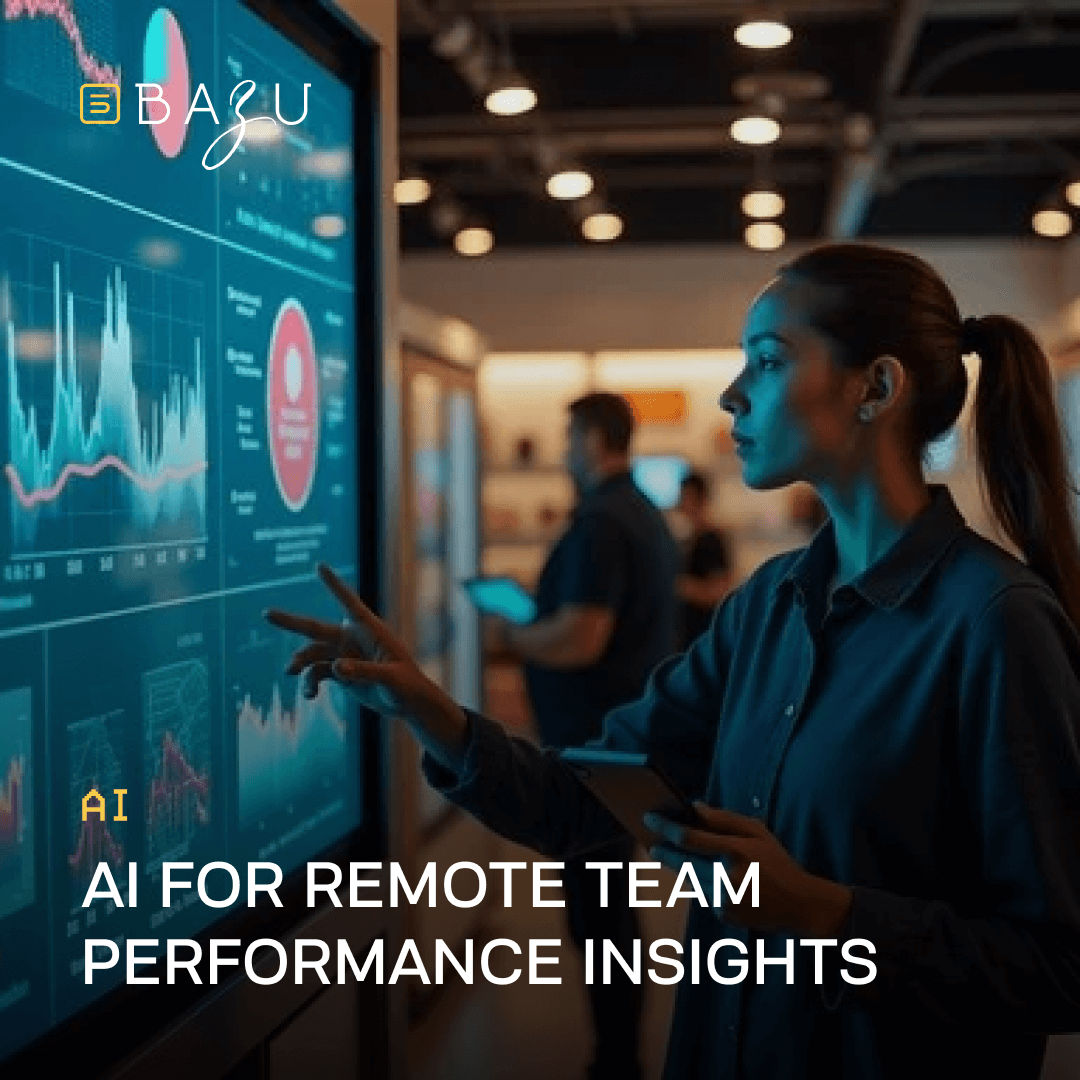 A woman in a dark shirt interacts with a large digital screen displaying colorful performance charts, representing BAZU's AI for remote team performance insights.
