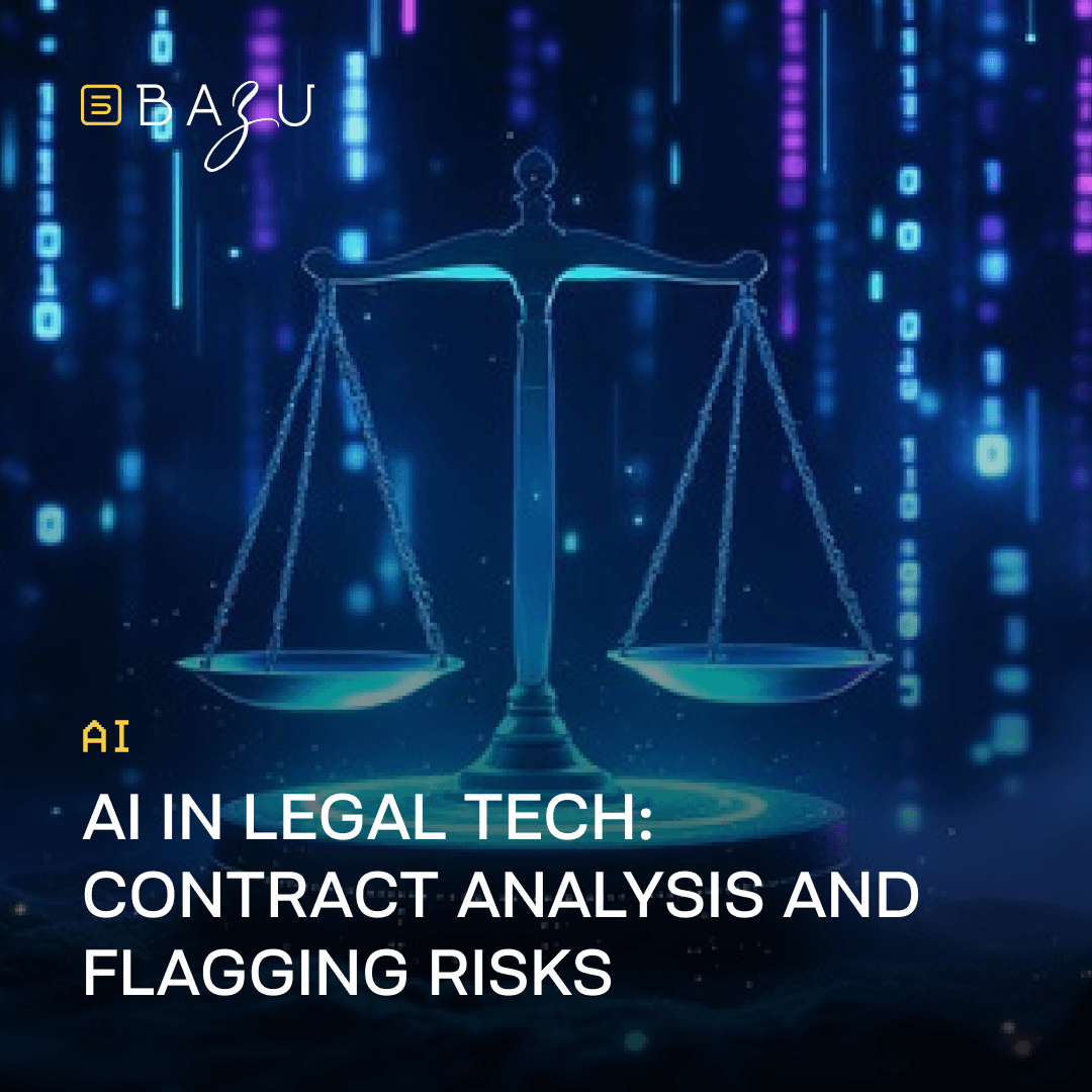A futuristic digital scale of justice set against a binary code background symbolizes BAZU's AI technology for contract analysis and risk flagging in legal tech.