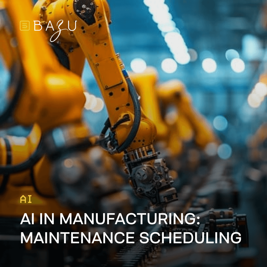 A close-up of a yellow robotic arm in a manufacturing setting represents BAZU's AI technology for maintenance scheduling.