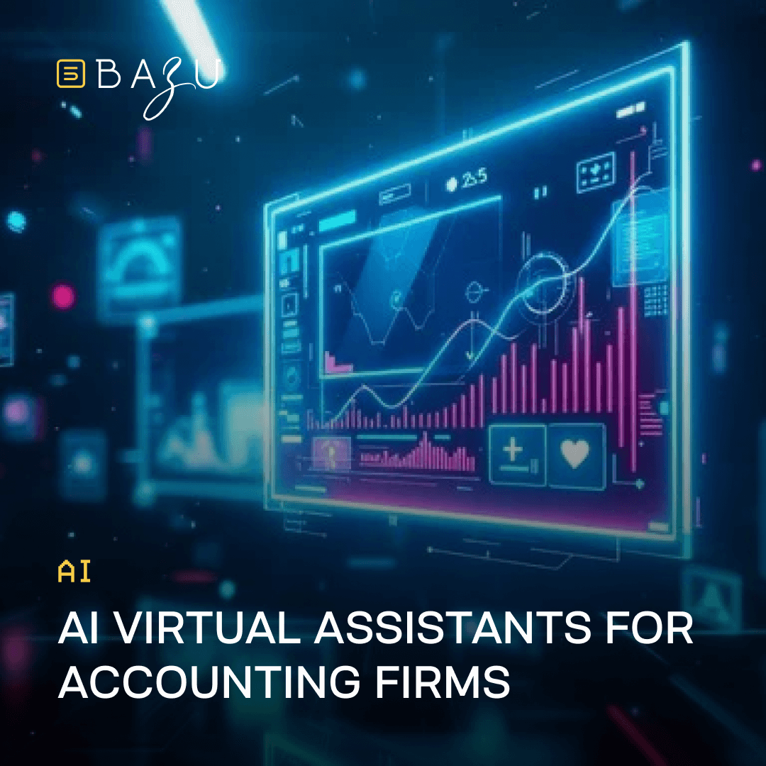 A futuristic holographic dashboard with glowing blue and pink charts showcases BAZU's AI virtual assistants for accounting firms.