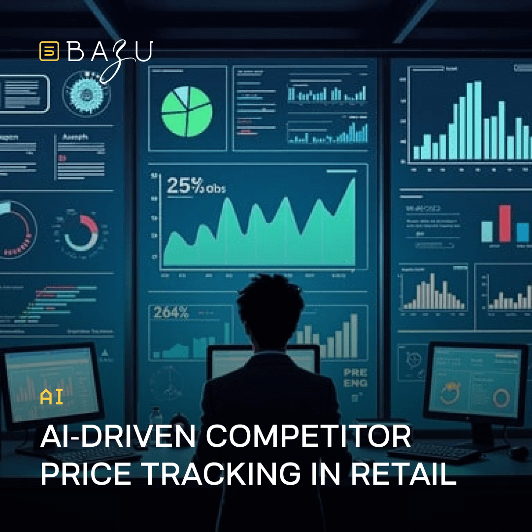 A professional working at a high-tech desk monitors multiple screens displaying AI-driven charts and graphs for competitor price tracking in retail, branded with the BAZU logo.