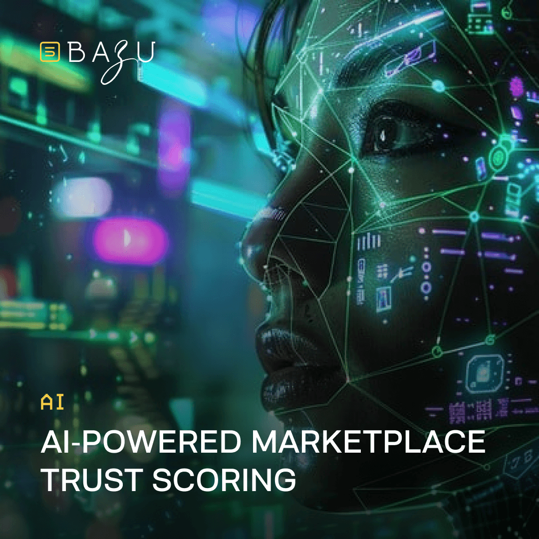 A futuristic image featuring a face overlaid with a digital network, representing BAZU's AI-powered marketplace trust scoring technology.
