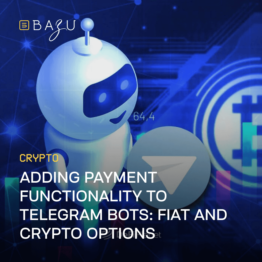 A friendly white robot with blue eyes stands in front of a holographic interface, showcasing BAZU's guide to adding payment functionality with fiat and crypto options to Telegram bots.