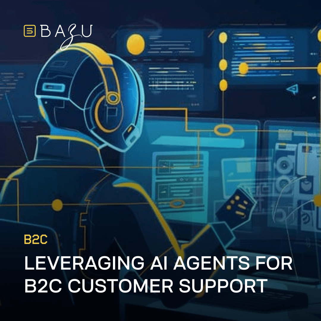 A futuristic figure with a headset works at a holographic control panel with glowing charts, representing BAZU's use of AI agents for B2C customer support.