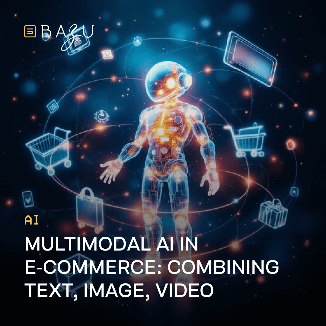 A futuristic holographic AI figure surrounded by shopping carts, bags, and digital devices represents BAZU's multimodal AI technology combining text, image, and video for e-commerce.