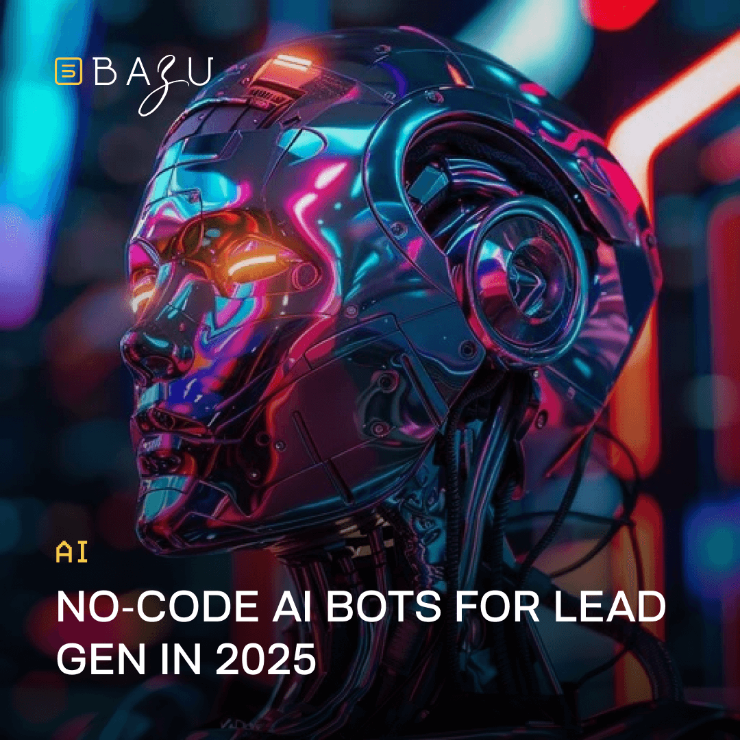 A sleek, glowing robotic head with vibrant blue and pink accents highlights BAZU's no-code AI bots for lead generation in 2025.