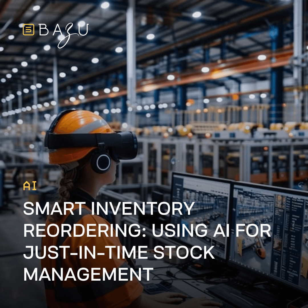A worker wearing a VR headset and safety helmet monitors screens in a high-tech warehouse, utilizing BAZU's AI-driven smart inventory reordering for just-in-time stock management.