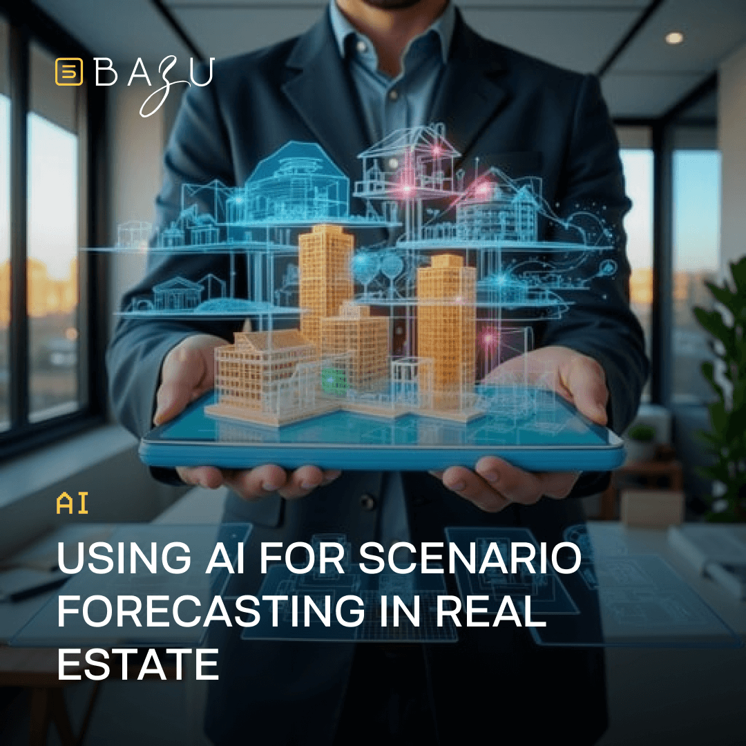 A businessman holding a tablet displaying a holographic model of buildings with the text "Using AI for Scenario Forecasting in Real Estate" by BAZU.