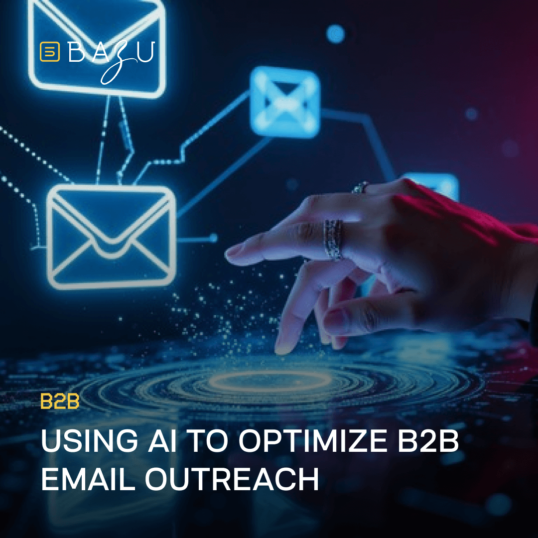 A hand interacts with a glowing holographic interface featuring email icons and data connections, representing BAZU's use of AI to optimize B2B email outreach.