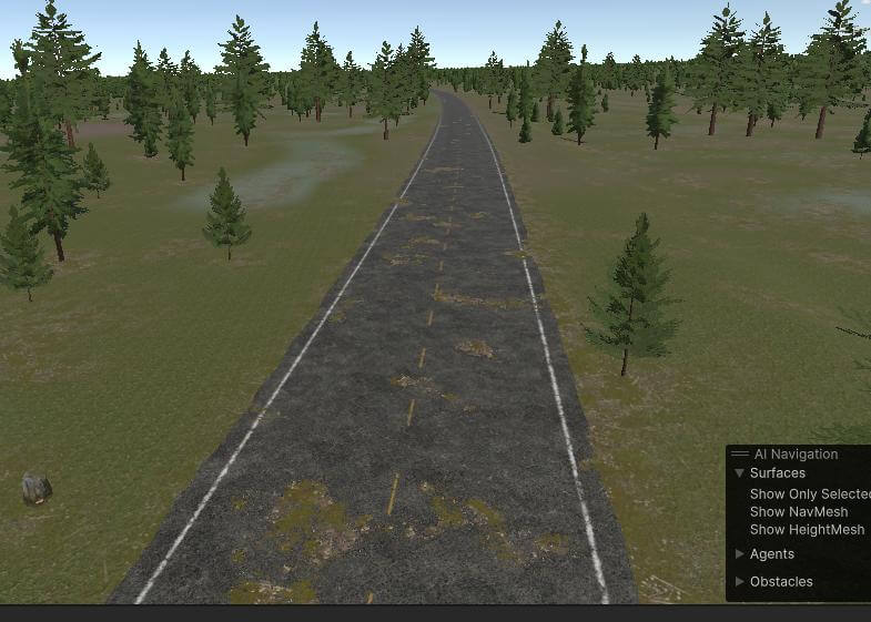 A scenic view of a winding road surrounded by lush pine trees in a simulated environment, developed by BAZU for advanced navigation and terrain analysis.