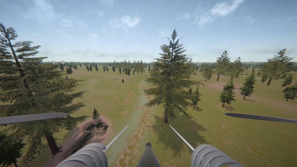 A first-person view from a drone soaring over a lush, tree-dotted landscape in FPV Battleground, developed by BAZU with realistic flight simulation.