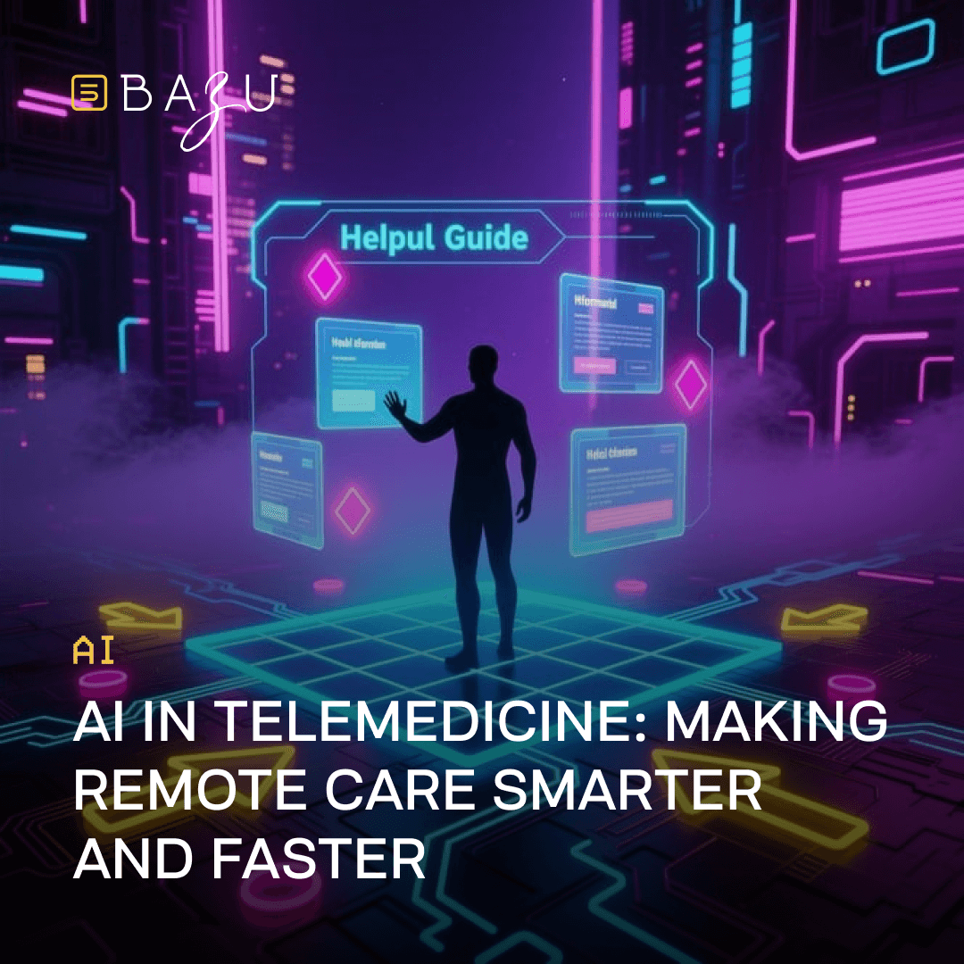 A silhouette interacts with glowing holographic guides in a neon-lit futuristic cityscape, featuring the BAZU logo and text on AI in telemedicine making remote care smarter and faster.