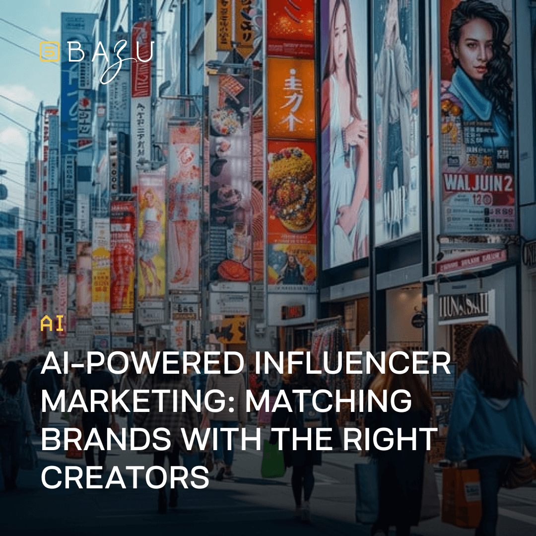 A bustling city street lined with vibrant billboards and advertisements, featuring shoppers with bags, represents BAZU's guide on AI-powered influencer marketing to match brands with the right creators.