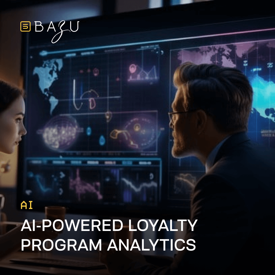 A man and a woman in a modern office analyze a large screen displaying AI-powered loyalty program analytics with maps and charts, featuring the BAZU logo.