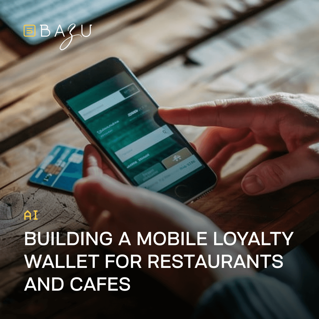 A person using a smartphone with a credit card nearby, illustrating BAZU's AI-powered mobile loyalty wallet for restaurants and cafes.