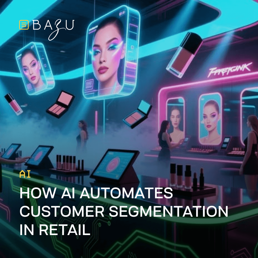 A futuristic retail counter with holographic makeup products and digital screens displays AI-automated customer segmentation in action, featuring the BAZU logo and vibrant neon lighting.