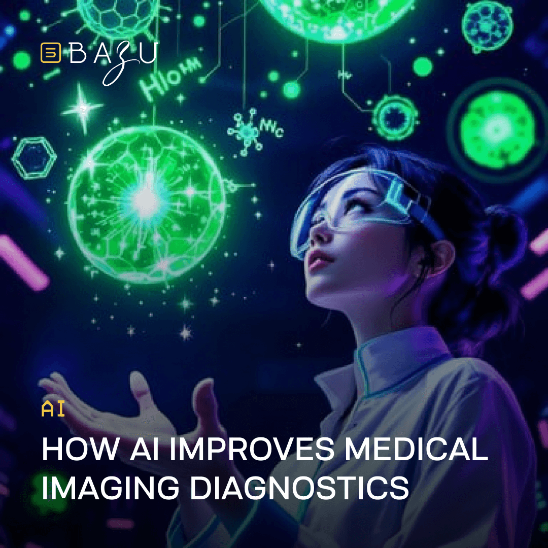 A futuristic image of a scientist in a lab coat gazing at glowing green holographic spheres and molecular structures, symbolizing BAZU's guide on how AI enhances medical imaging diagnostics.