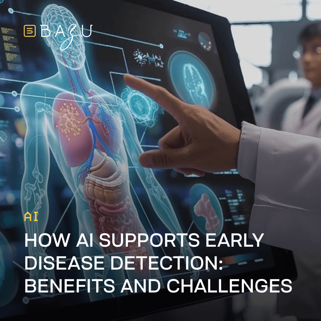 A doctor in a lab coat points at a holographic human body scan displaying internal organs on a high-tech screen, featuring the BAZU logo and text on how AI supports early disease detection with benefits and challenges.