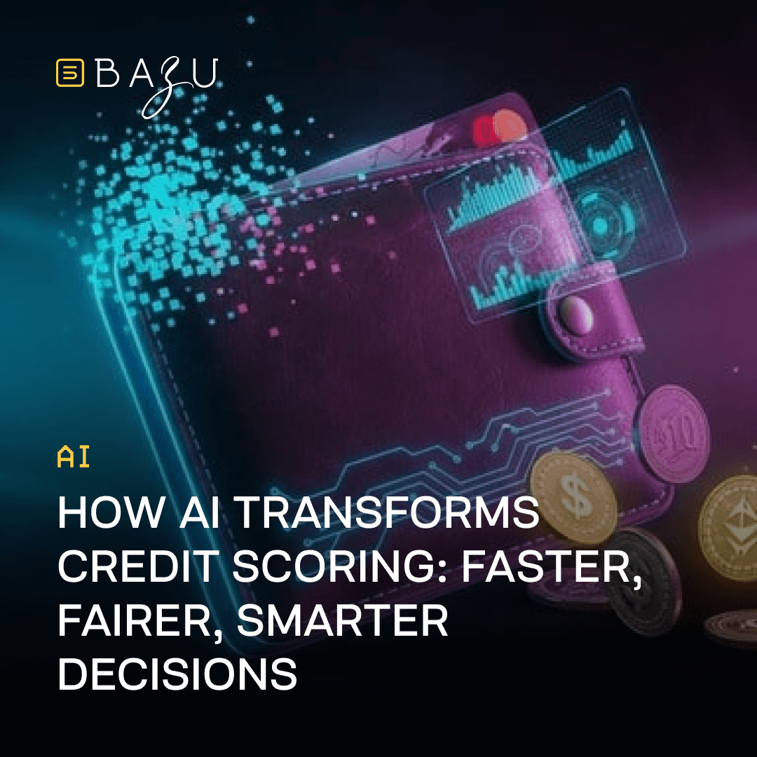 A futuristic wallet emits glowing digital particles and holographic charts with scattered coins including dollars and cryptocurrencies, featuring the BAZU logo and text on how AI transforms credit scoring for faster, fairer, smarter decisions.