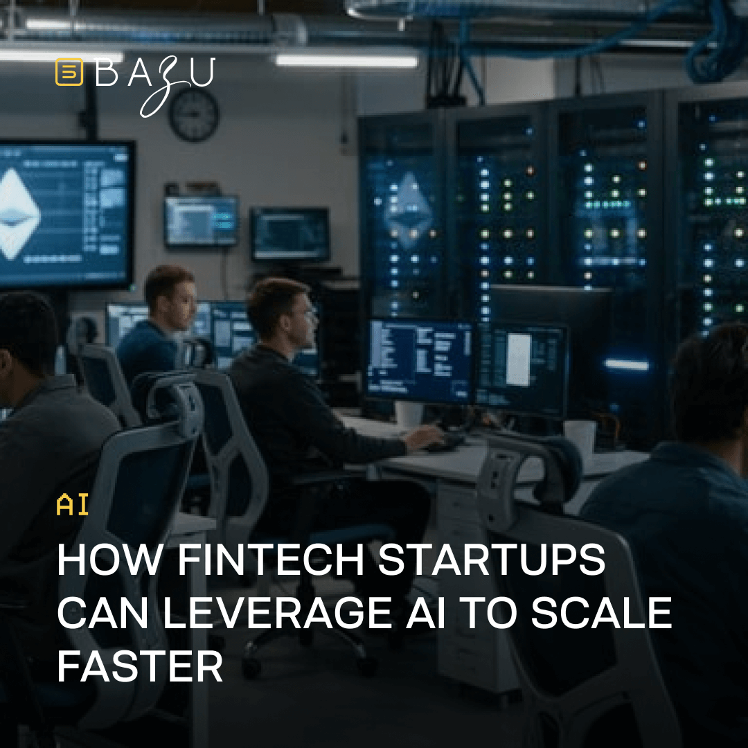 A team of engineers collaborates in a modern server room filled with glowing monitors and Ethereum icons, featuring the BAZU logo and text on how fintech startups can leverage AI to scale faster.