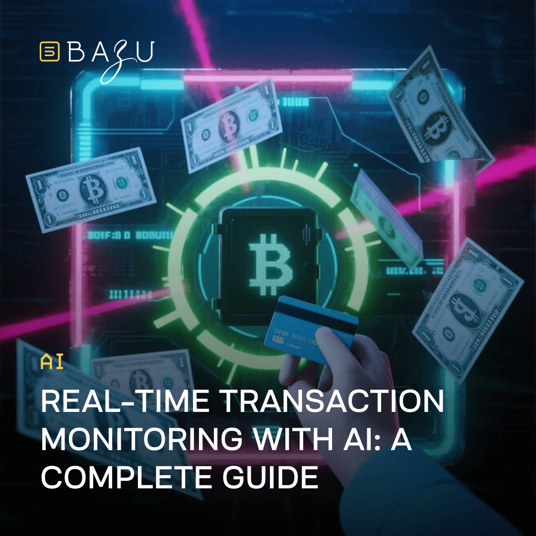 A futuristic image featuring a hand holding a credit card with floating dollar bills and Bitcoin symbols, framed by neon lights, represents BAZU's guide on real-time transaction monitoring with AI.