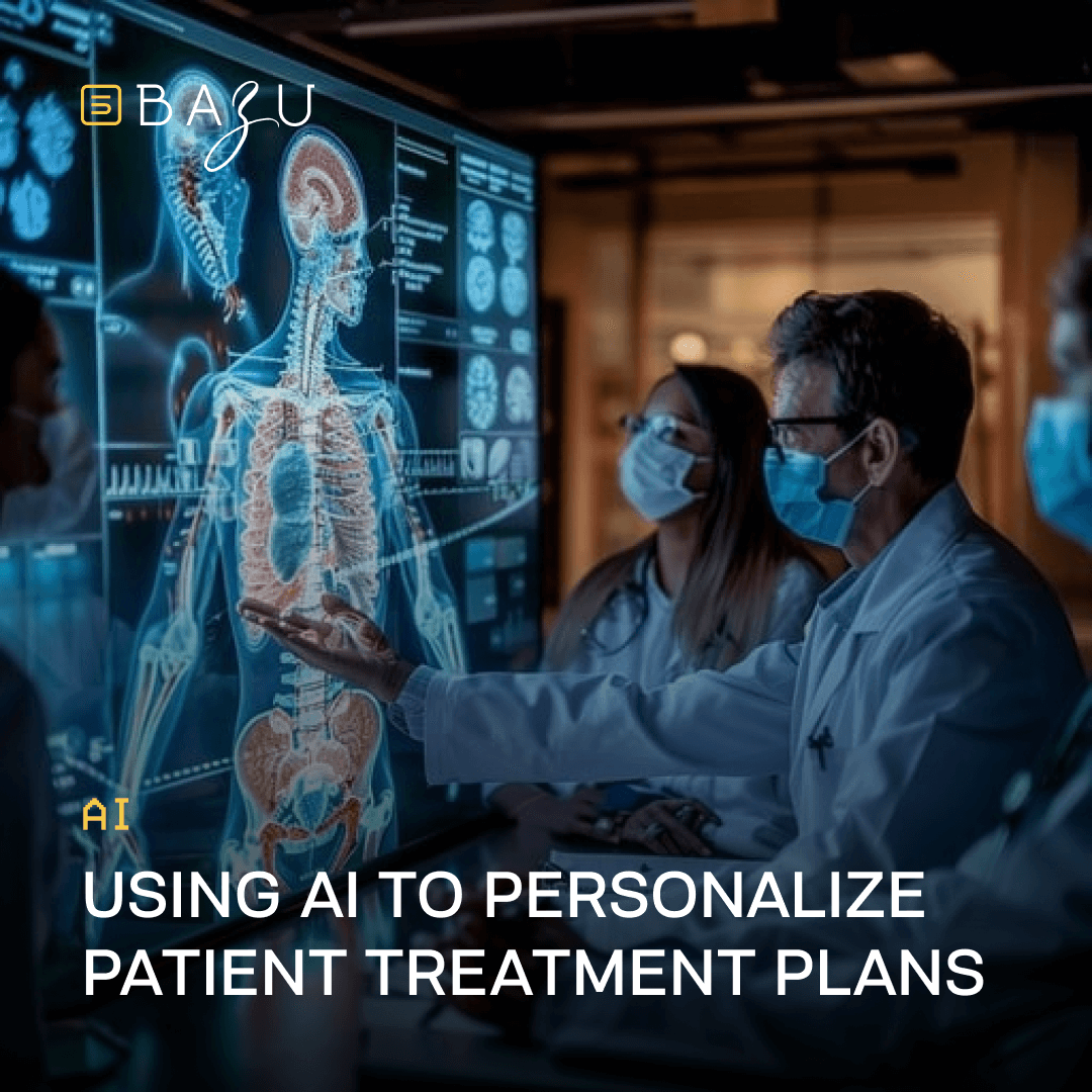 A group of medical professionals in lab coats examines a holographic human skeleton and brain scans on a screen, illustrating BAZU's guide on using AI to personalize patient treatment plans.