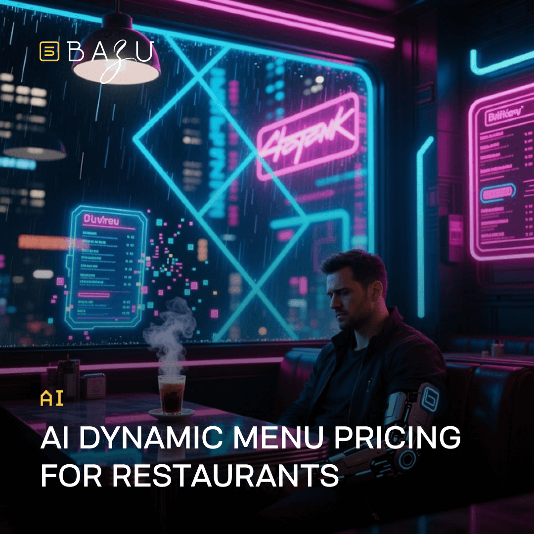 A cyberpunk-style promotional graphic from BAZU on AI dynamic menu pricing for restaurants, featuring a brooding man with a glowing cybernetic arm seated at a neon-lit table with steaming coffee, holographic French menu displays like "Ouvert" and "Steak" flickering in pink and blue hues, rain-streaked windows, and vaporwave accents in a futuristic diner atmosphere.