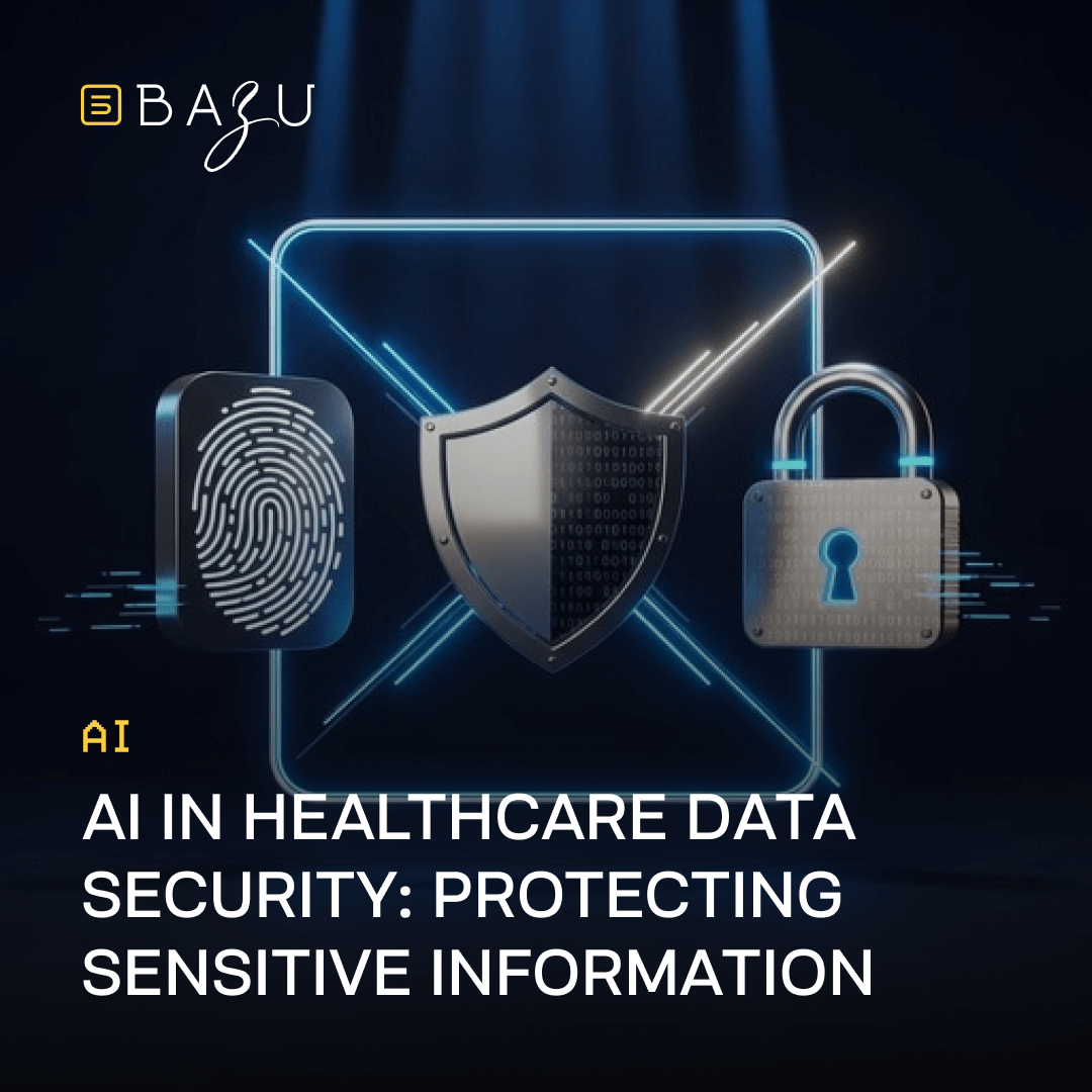 A futuristic neon-blue promotional graphic from BAZU on AI in healthcare data security for protecting sensitive information, featuring a metallic fingerprint scanner, binary-coded shield, and glowing padlock icons crossed within a luminous square frame against a dark spotlighted background.