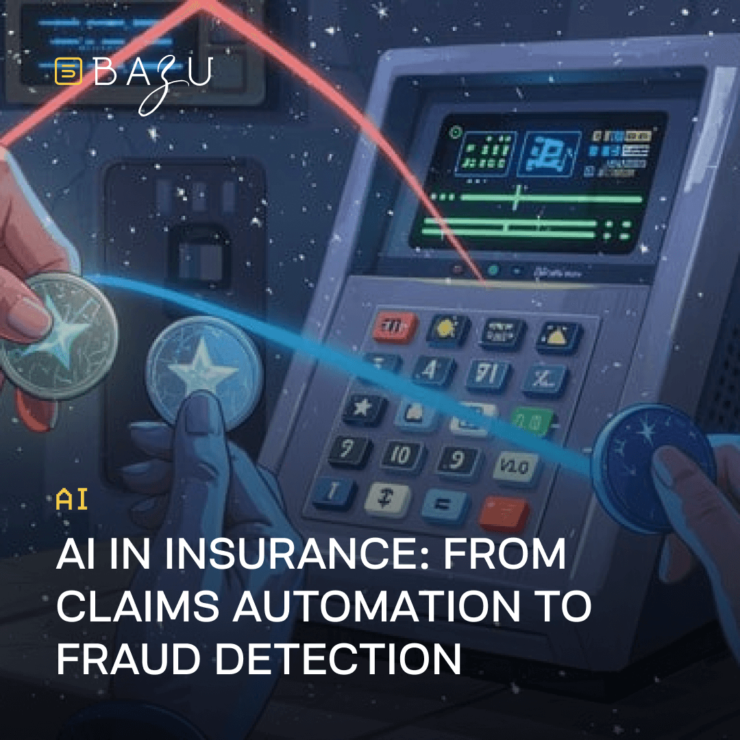 A futuristic illustration featuring hands inserting star-embellished coins into a high-tech control panel with the BAZU logo, highlighting AI applications in insurance from claims automation to fraud detection.