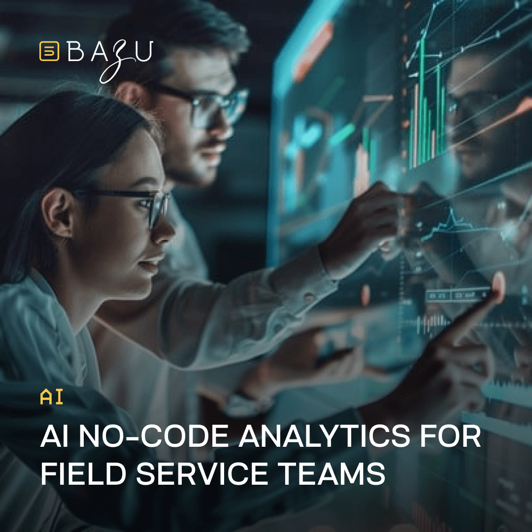 Two professionals analyzing digital data dashboards representing AI no-code analytics for field service teams by BAZU.