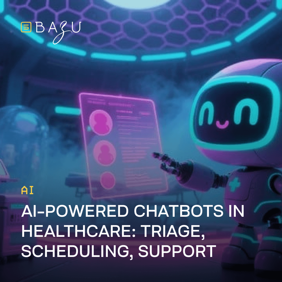 An illustrative graphic from BAZU depicting a cheerful purple AI-powered robot with a medical cross emblem, pointing to a holographic screen showing patient profiles for triage, scheduling, and support in healthcare, set against a futuristic neon blue and purple hexagonal backdrop.