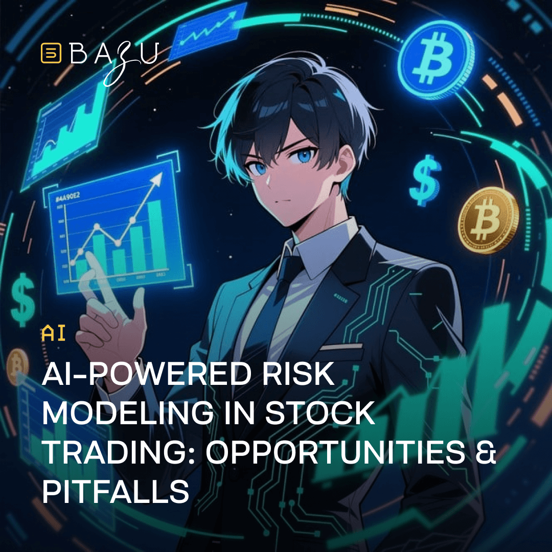 A dynamic promotional illustration for BAZU featuring an anime-style young man in a sleek suit pointing forward against a futuristic dark background, surrounded by glowing holographic stock charts, rising graphs, cryptocurrency symbols like Bitcoin and dollar signs, and the bold title "AI-Powered Risk Modeling in Stock Trading: Opportunities & Pitfalls."