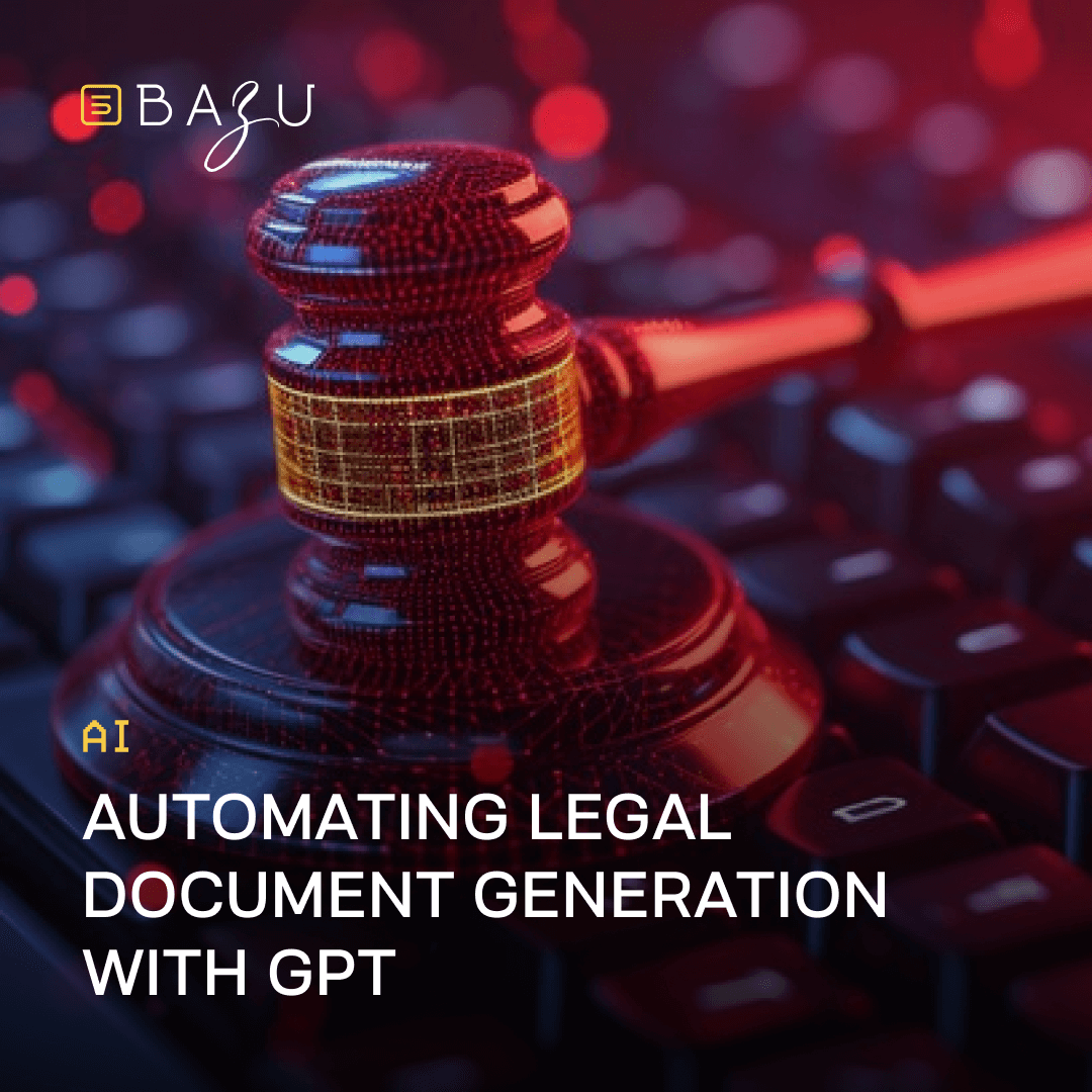 A close-up of a polished wooden gavel resting atop a sleek black keyboard with glowing red keys, set against a dramatic red and blue gradient background with bokeh light effects, featuring the BAZU company logo and headline "AI Automating Legal Document Generation with GPT" in bold yellow and white text.