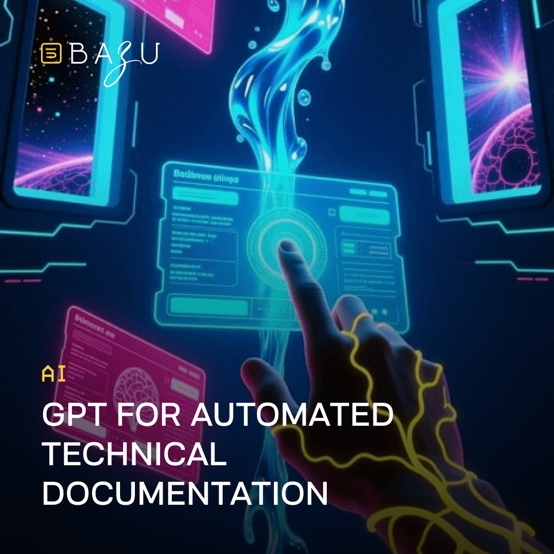A neon-futuristic promotional graphic from BAZU on AI GPT for automated technical documentation, featuring a glowing yellow cybernetic hand with electric veins tapping a central holographic blue screen displaying algorithmic text, flanked by floating pink neural-network cards and cyan energy streams, all set against a starry cosmic window with planetary vistas.