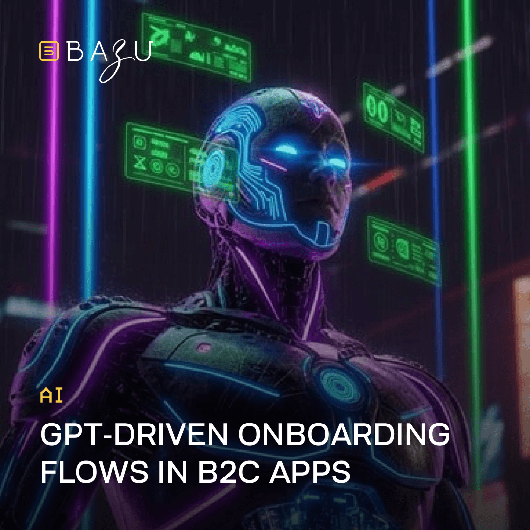 Futuristic humanoid robot with glowing neon interfaces symbolizing GPT-driven onboarding flows in B2C apps by BAZU.