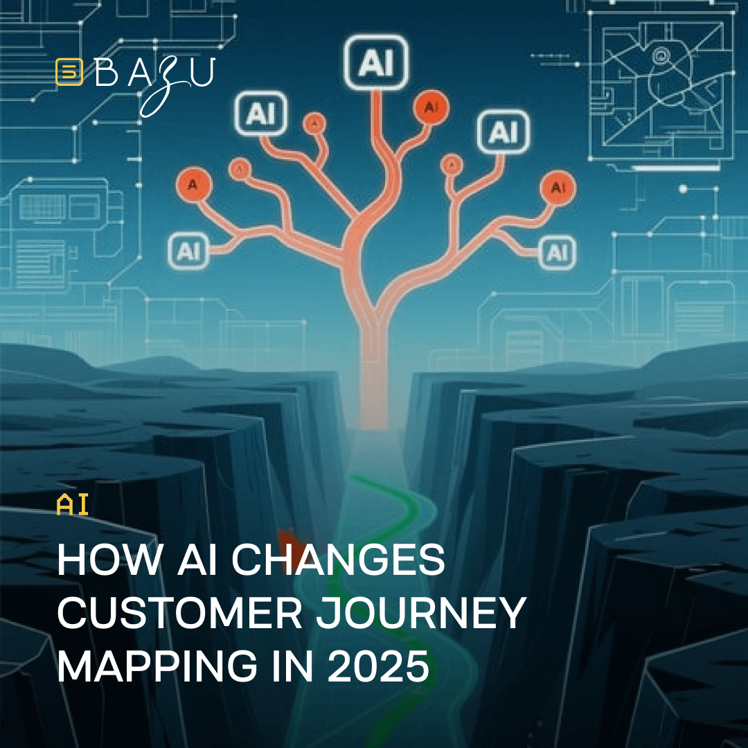 An illustrative graphic from BAZU featuring a stylized orange tree with AI nodes branching over a blue-toned digital landscape, a green path bridging a canyon below, and the title "How AI Changes Customer Journey Mapping in 2025" in white text.