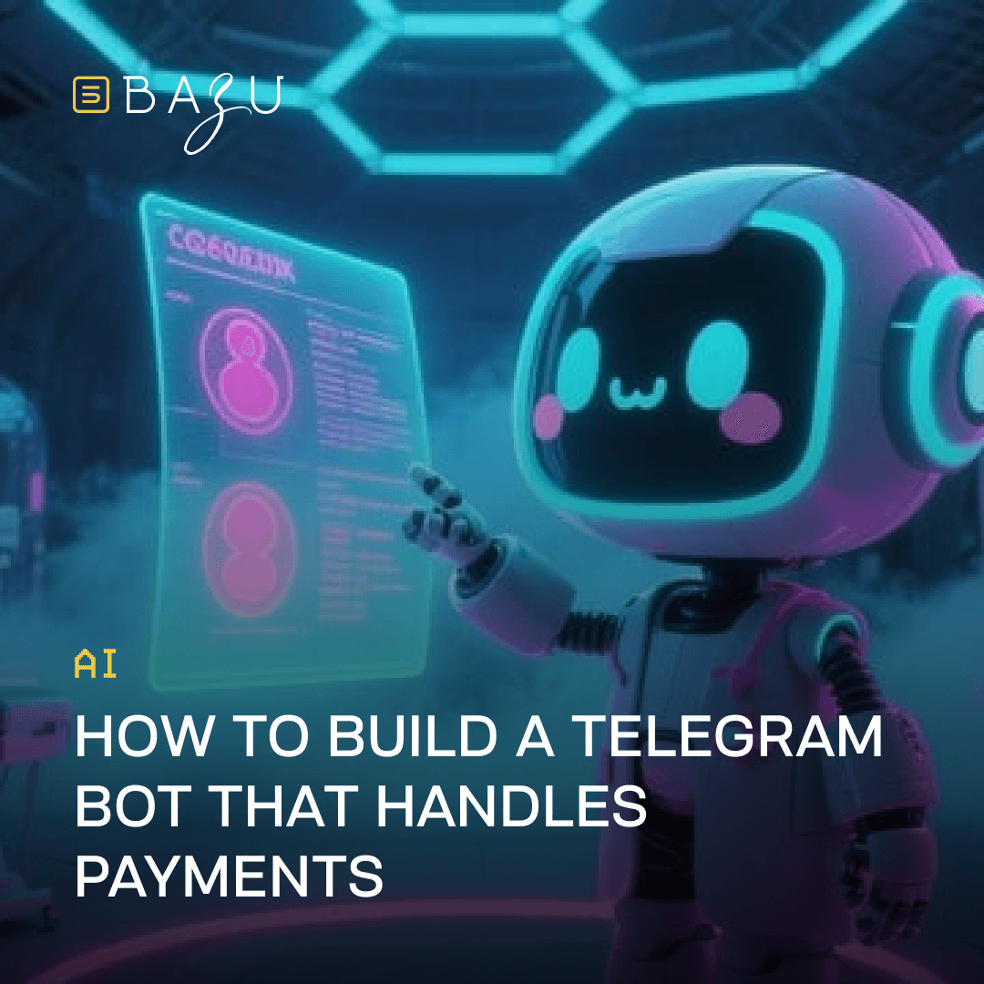 A cute purple robot astronaut with blushing cheeks, big expressive eyes, and articulated limbs gestures toward a glowing holographic screen displaying user profile and payment details in a futuristic neon-lit hexagonal chamber, framed by the BAZU logo and the title "AI How to Build a Telegram Bot that Handles Payments."