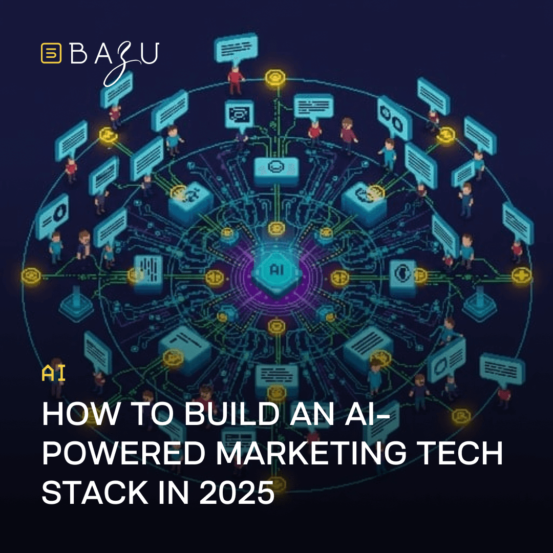 An isometric futuristic illustration depicting a central glowing AI hub connected to a network of diverse figures, data icons, speech bubbles, charts, and golden coins, with the BAZU logo, illustrating how to build an AI-powered marketing tech stack in 2025.