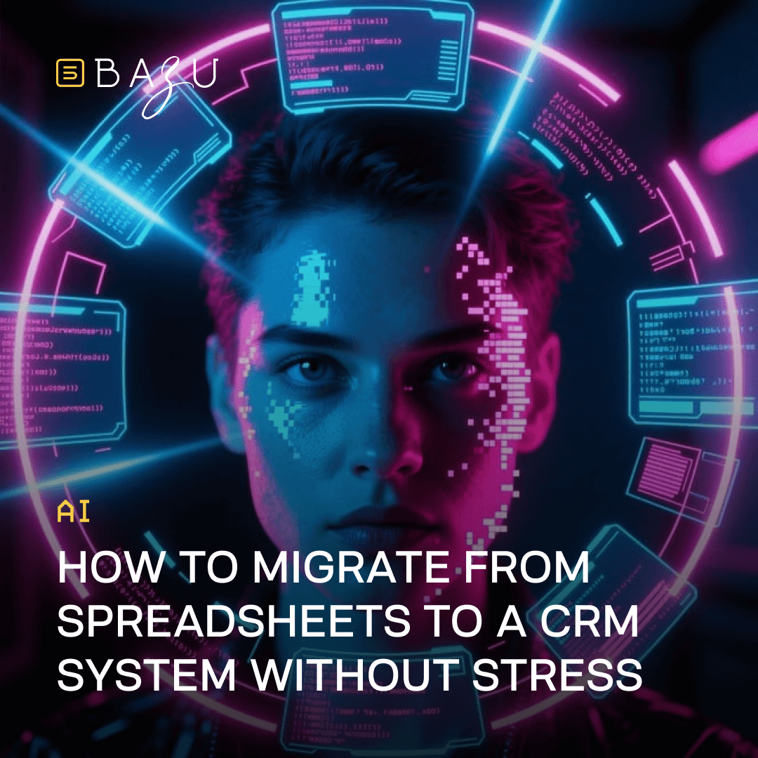 An illustrative graphic from BAZU featuring a close-up of a young man's pixelated blue-and-purple face framed by floating neon holographic code screens in a circular cyberpunk display, with the title "How to Migrate from Spreadsheets to a CRM System Without Stress" in white text.