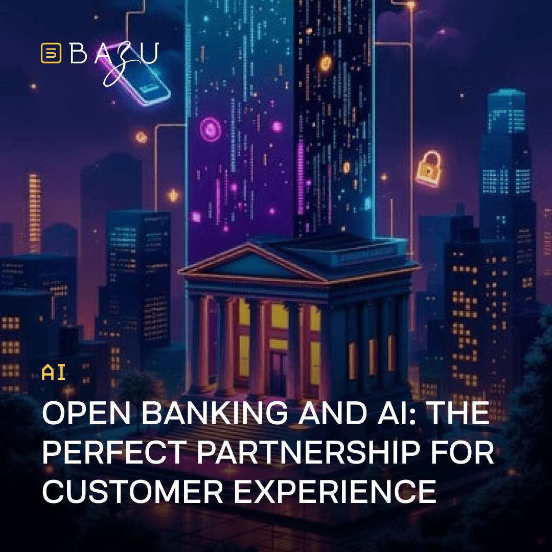 A vibrant cyberpunk cityscape at night with neon-lit skyscrapers, a glowing classical bank building, floating smartphone and lock icons, and the BAZU logo, emphasizing AI and open banking as the perfect partnership for customer experience.