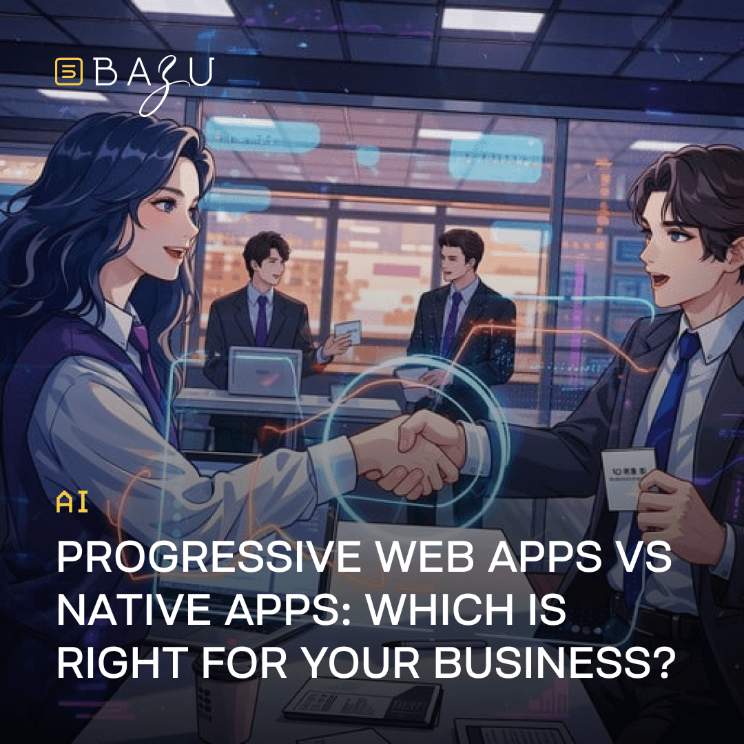 A vibrant anime-style promotional illustration for BAZU depicting a confident woman in a purple blouse shaking hands with a suited man in a modern office filled with colleagues, laptops, coffee cups, and glowing holographic screens, centered on the title "AI Progressive Web Apps vs Native Apps: Which is Right for Your Business?" against a sleek blue-toned corporate backdrop.