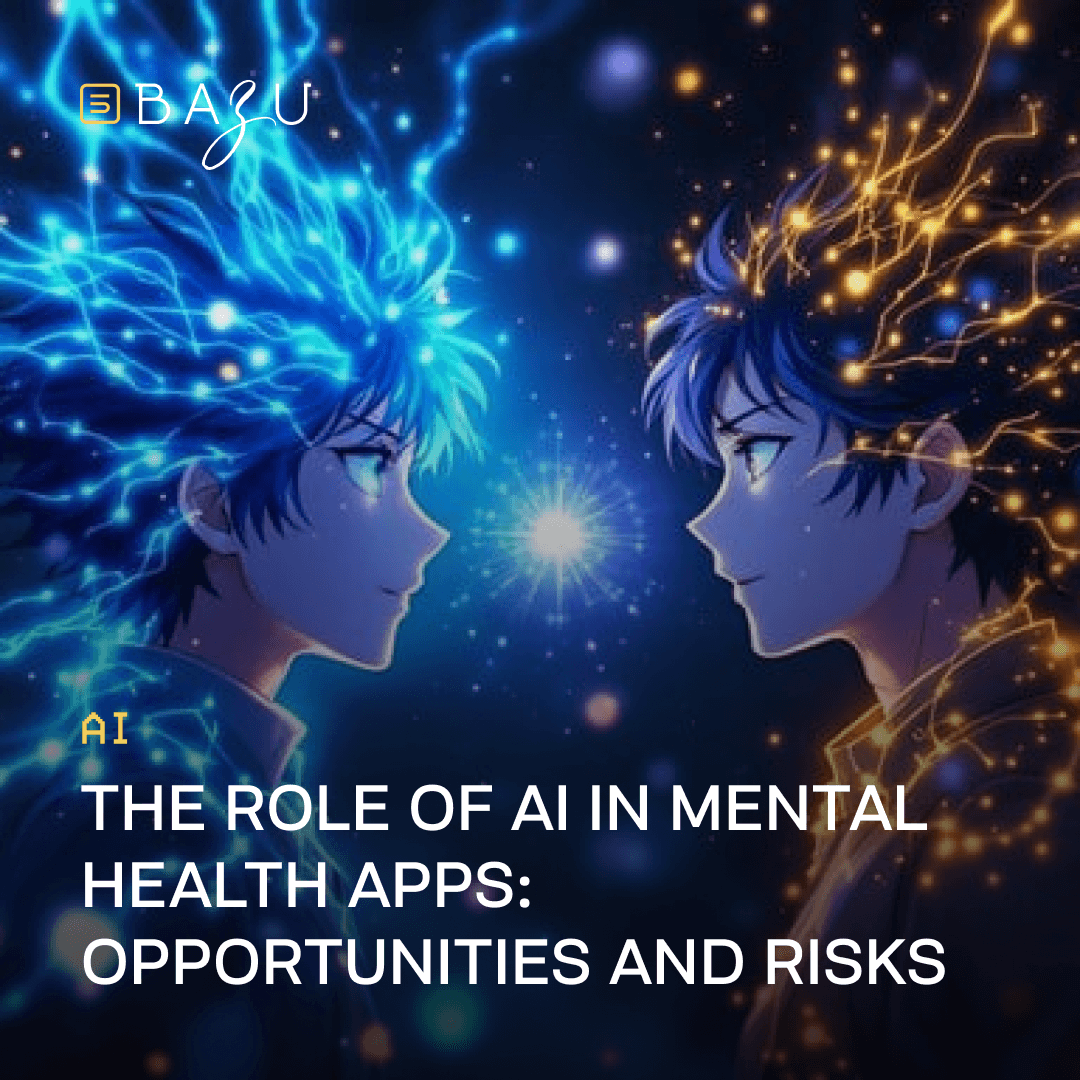 A dynamic illustration of two anime-style figures with electrified blue and gold hair facing each other, connected by a radiant energy burst, with the BAZU logo, symbolizing the opportunities and risks of AI in mental health apps.