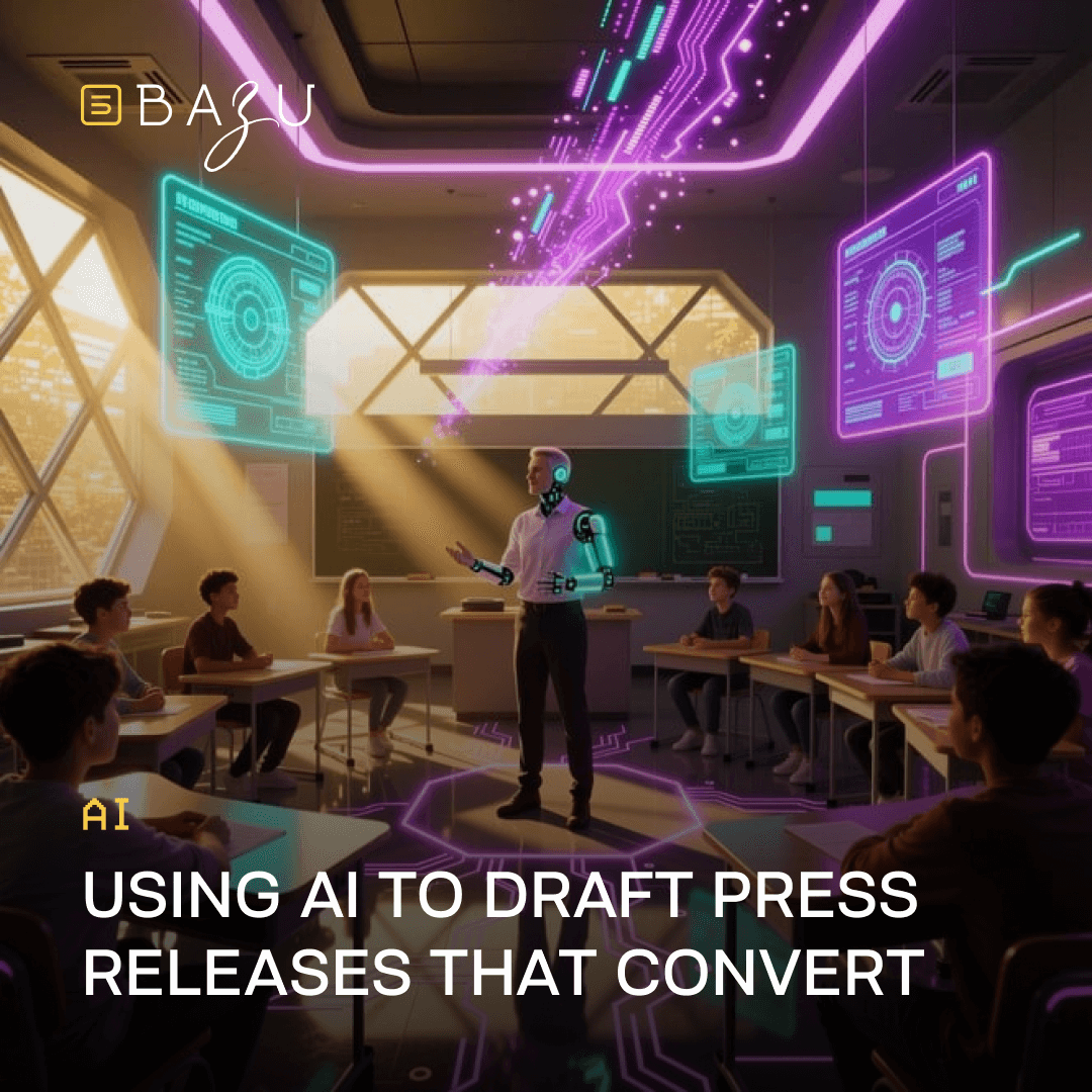 A futuristic sci-fi classroom promotional graphic from BAZU illustrating the use of AI to draft converting press releases, featuring a teacher with robotic arms gesturing at a chalkboard, diverse students seated at desks, floating holographic data screens with graphs and circles, neon purple and green circuit-like accents, and sunlight streaming through large angular windows against a high-tech metallic backdrop.