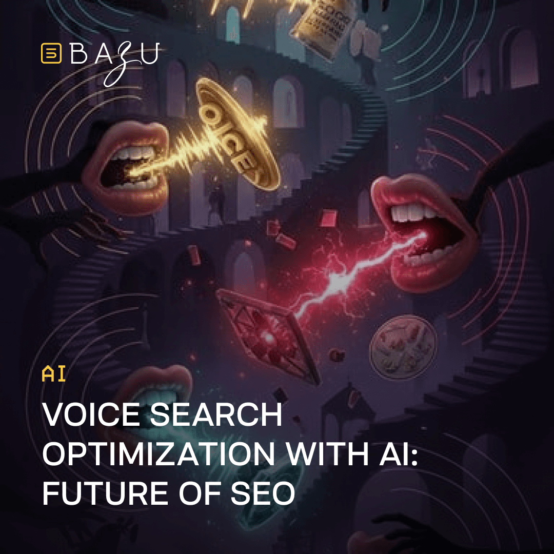 A surreal promotional illustration for BAZU featuring disembodied floating mouths emitting crackling yellow and red electric energy amid ancient arched stone stairs and hovering SEO-labeled bottles, centered on a golden voice emblem and the evocative title "AI Voice Search Optimization with AI: Future of SEO" against a mystical dark purple backdrop.
