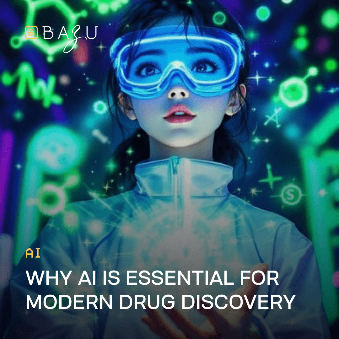 A futuristic illustration of a scientist wearing glowing blue goggles and a lab coat, holding a radiant energy sphere amidst vibrant chemical structures and stars, with the BAZU logo, emphasizing the essential role of AI in modern drug discovery.