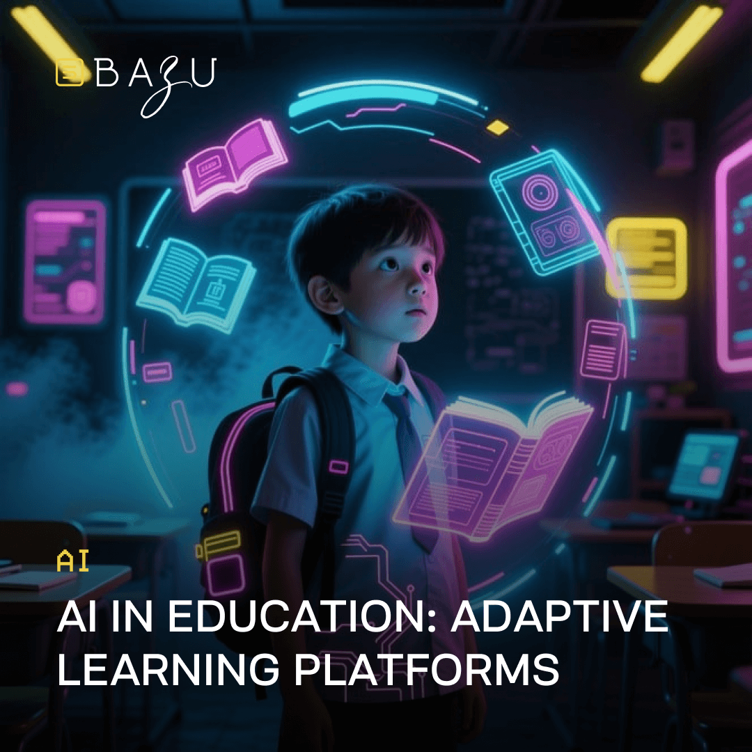 A curious young boy in a crisp school uniform with a backpack stands in a neon-drenched futuristic classroom, holding an open glowing book while surrounded by floating holographic educational elements like books and devices, framed by the BAZU logo and the title "AI in Education: Adaptive Learning Platforms."