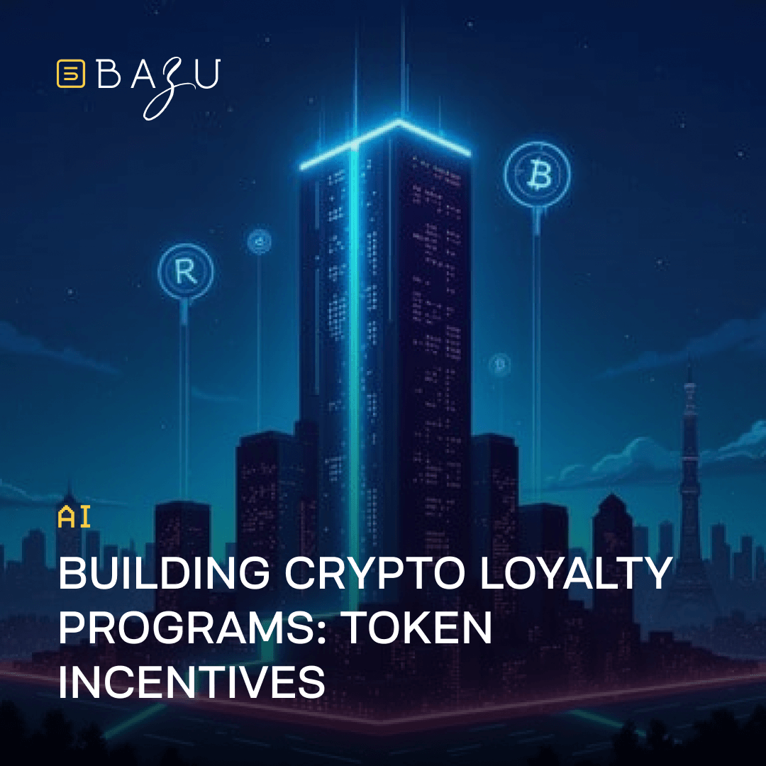 A futuristic nighttime cityscape with a towering blue-glowing skyscraper adorned in holographic cryptocurrency tokens like Bitcoin and Ethereum symbols, set against a neon-lit skyline, featuring the BAZU logo and the text "AI Building Crypto Loyalty Programs: Token Incentives."