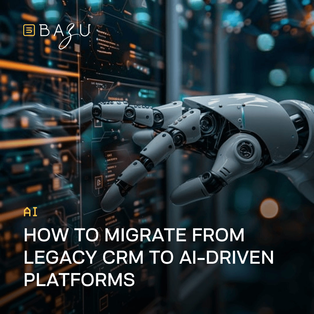 A metallic robotic arm with articulated joints reaches forward in a futuristic data center filled with glowing server racks and holographic displays under orange and blue ambient lighting, featuring the BAZU company logo and overlaid text "How to Migrate from Legacy CRM to AI-Driven Platforms."