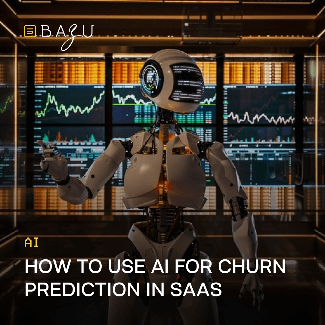 A sleek white humanoid robot with glowing blue visor eyes poses confidently in a futuristic orange-lit control room lined with multi-screen displays of rising financial graphs, featuring the BAZU company logo and overlaid text "How to Use AI for Churn Prediction in SaaS."